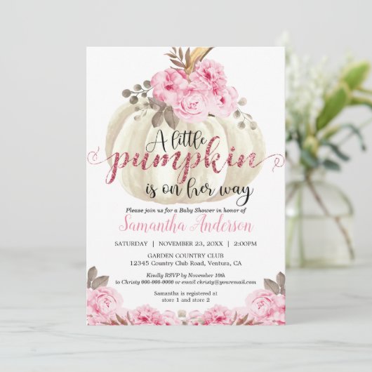 Kleine Witte Pompoen Roze Bloem Baby Shower Kaart (Staand voorkant)