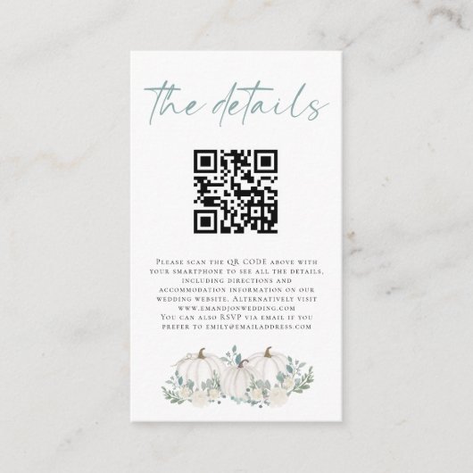 Kleine witte pompoenen QR Code Weddenschap Details Informatiekaartje (Voorkant)