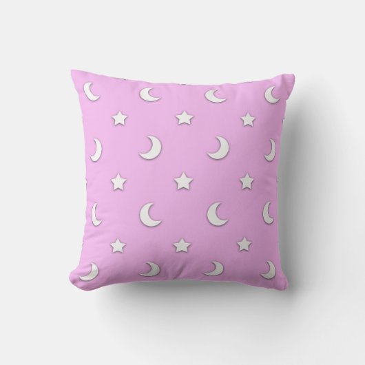 Kleine witte sterren en manen op roze kussen (Voorkant)