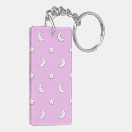 Kleine witte sterren en moons op roze sleutelhanger (Achterkant Links)