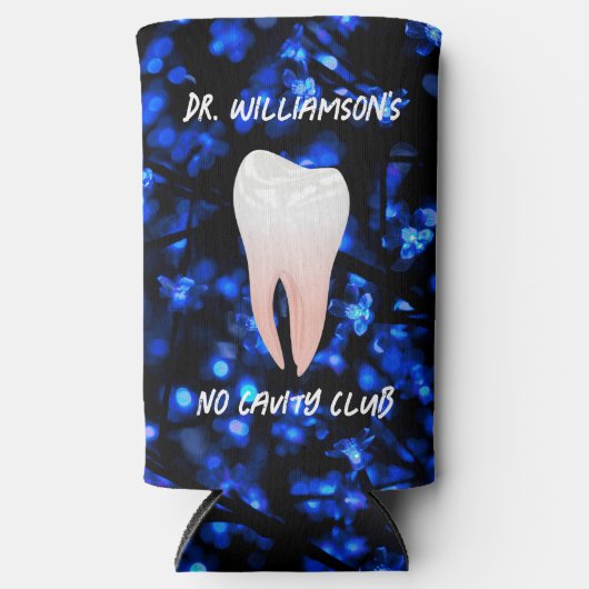 Kleine witte tand op blauw seltzer blikjeskoeler (Voorkant)