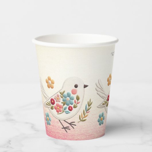 Kleine witte vogel bloemenpapier kopjes papieren bekers (Voorkant)
