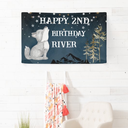 Kleine wolf thema gelukkig verjaardagsfeestje spandoek (Insitu)