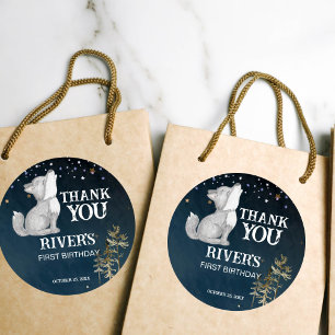 Kleine wolf thema verjaardagsfeestje gunst dank u ronde sticker