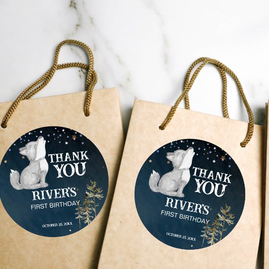 Kleine wolf thema verjaardagsfeestje gunst dank u ronde sticker