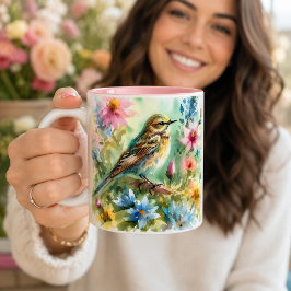 Kleine Zangvogel Aquarel Vogel & Bloem Tweekleurige Koffiemok