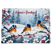 Kleine zangvogels in een besneeuwd kerstlandschap groot cadeauzakje (Voorkant)