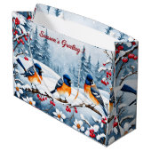 Kleine zangvogels in een besneeuwd kerstlandschap groot cadeauzakje (Achterkant Gekanteld)