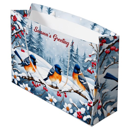 Kleine zangvogels in een besneeuwd kerstlandschap groot cadeauzakje (Achterkant Gekanteld)