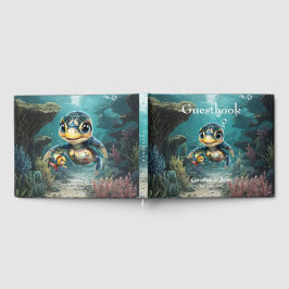 Kleine zee schildpad verkennen met haar vriend. gastenboek
