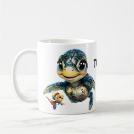 Kleine zee schildpad verkennen met haar vriend. koffiemok