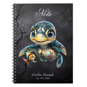 Kleine zee schildpad verkennen met haar vriend. notitieboek