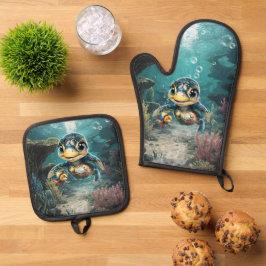 Kleine zee schildpad verkennen met haar vriend. ovenwant & pannenlap set