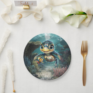 Kleine zee schildpad verkennen met haar vriend. papieren bordje