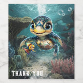 Kleine zee schildpad verkennen met haar vriend. wijn etiket (Enkel label)