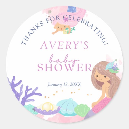 Kleine Zeemeermin Baby shower Bedankt Ronde Sticker (Voorkant)