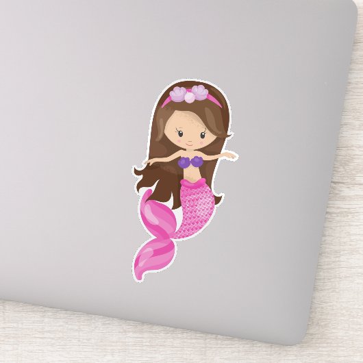 Kleine zeemeermin, Cute Mermaid, Bruin Hair, Shell Sticker (Detail)