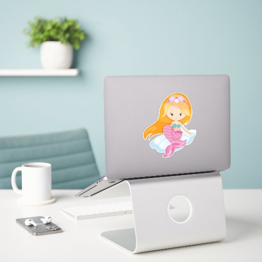 Kleine zeemeermin, Cute Mermaid, Oranje haar, sche Sticker (Laptop op bureau)