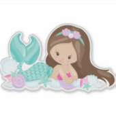 Kleine zeemeermin, Cute Mermaid, Shells, Brown Hai Sticker (Voorkant)