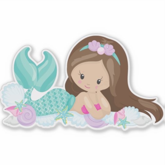 Kleine zeemeermin, Cute Mermaid, Shells, Brown Hai Sticker (Voorkant)