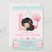 Kleine Zeemeermin Donker Haar Roze 1e Verjaardag Kaart (Voorkant)