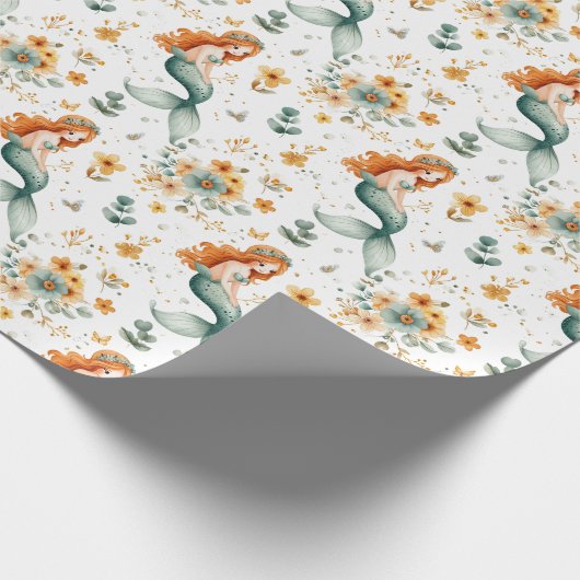 Kleine Zeemeermin en Bloemen Kinder Cadeaupapier (Hoek)