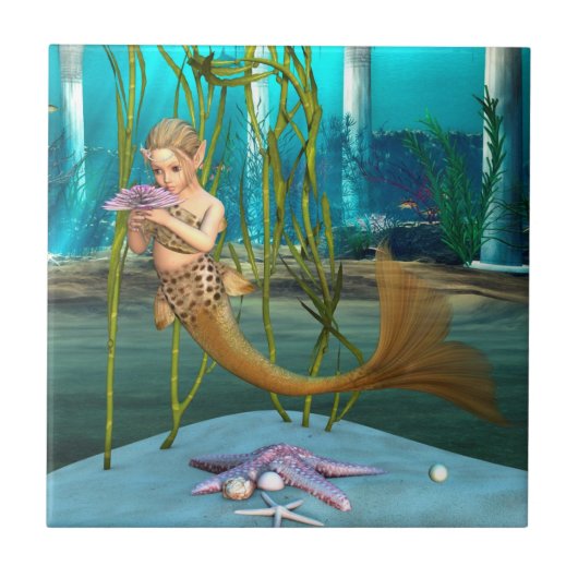 Kleine zeemeermin met Anemone Flower Tegeltje (Voorkant)