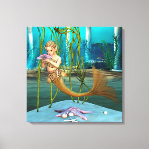 Kleine Zeemeermin met Anemoon Bloem Canvas Afdruk