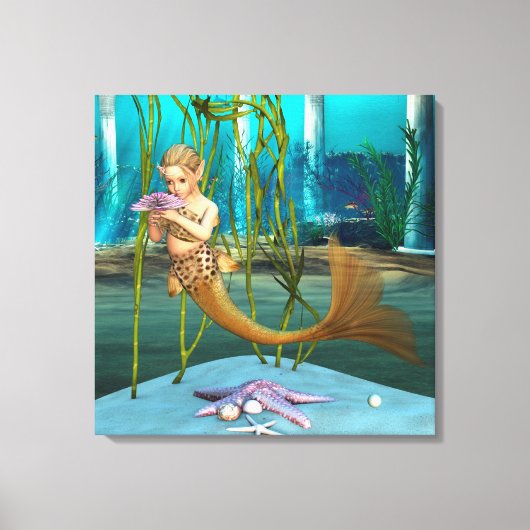 Kleine Zeemeermin met Anemoon Bloem Canvas Afdruk (Voorkant)