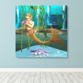 Kleine Zeemeermin met Anemoon Bloem Canvas Afdruk (Insitu (Houten vloer))