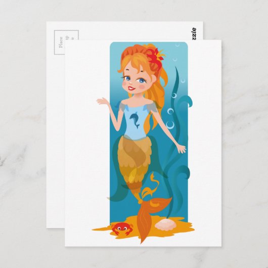 Kleine zeemeermin met rood haar en blauwe ogen briefkaart (Voorkant / Achterkant)