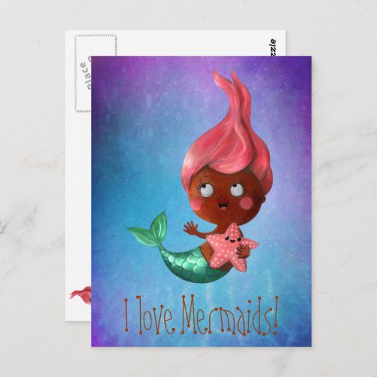 Kleine zeemeermin met roze haar briefkaart (Voorkant / Achterkant)