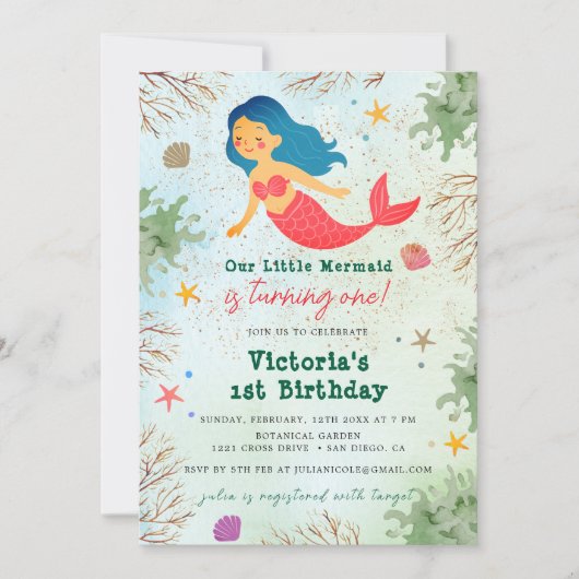 Kleine Zeemeermin Onder Het Zee Gouden Glitter Ver Kaart (Voorkant)