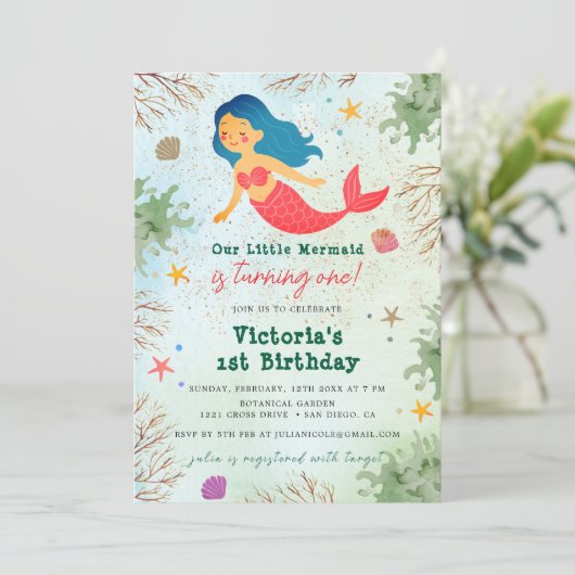 Kleine Zeemeermin Onder Het Zee Gouden Glitter Ver Kaart (Staand voorkant)