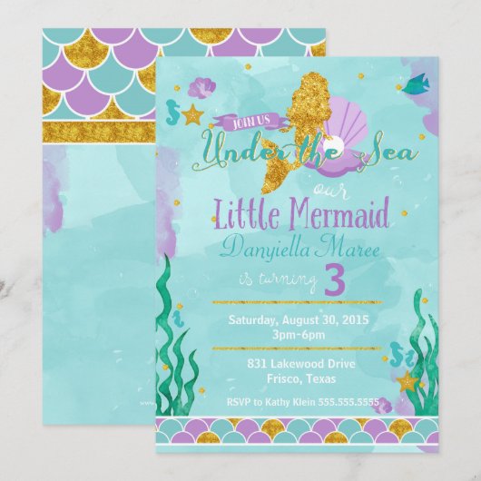Kleine zeemeermin onder het Zee Verjaardagsuitnodi Kaart (Voorkant / Achterkant)