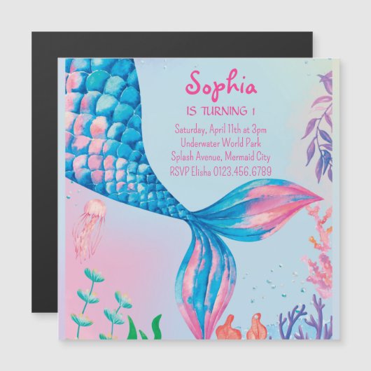 Kleine zeemeermin onderwater verjaardag uitnodigin magnetische uitnodiging (Voorkant / Achterkant)