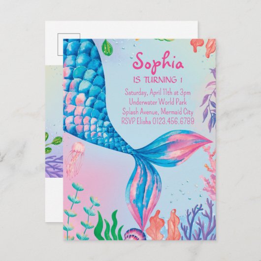 Kleine zeemeermin onderwater verjaardag uitnodigin uitnodiging briefkaart (Voorkant / Achterkant)