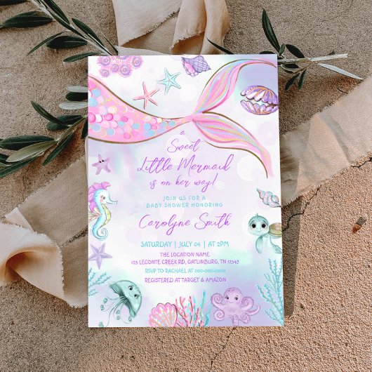 Kleine Zeemeermin Paarse Roze Baby shower Invitati Kaart