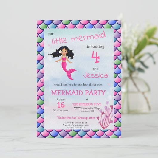 Kleine Zeemeermin Roze Blauwe Verjaardag Uitnodigi Kaart (Staand voorkant)