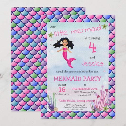 Kleine Zeemeermin Roze Blauwe Verjaardag Uitnodigi Kaart (Voorkant / Achterkant)