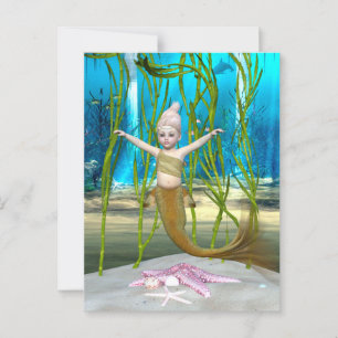 Kleine Zeemeermin Schattig Fantasie Meisje, Blauwe Briefkaart