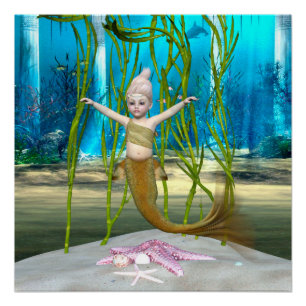 Kleine Zeemeermin Schattig Fantasie Meisje, Blauwe Perfect Poster