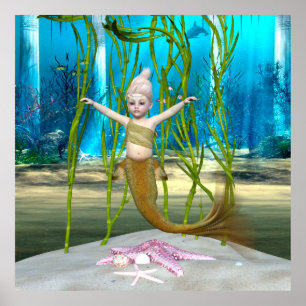 Kleine Zeemeermin Schattig Fantasie Meisje, Blauwe Poster