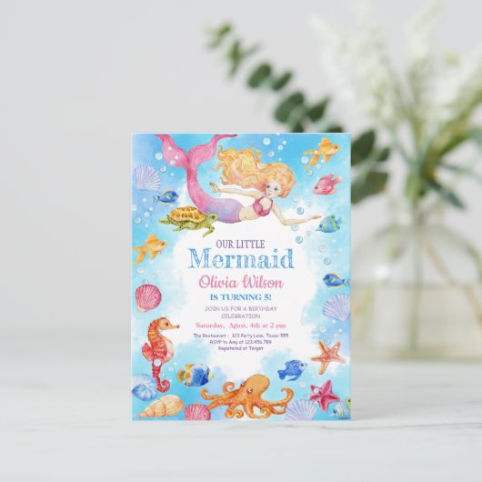 Kleine zeemeermin uitnodiging voor de verjaardag v (Staand voorkant)