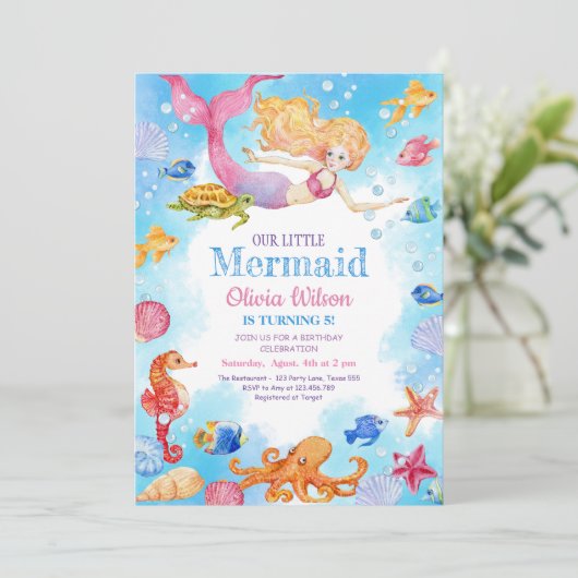 Kleine zeemeermin uitnodiging voor de verjaardag v (Staand voorkant)