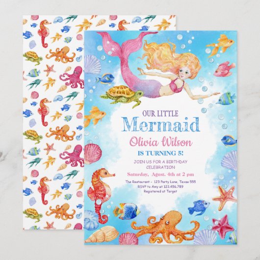 Kleine zeemeermin uitnodiging voor de verjaardag v (Voorkant / Achterkant)