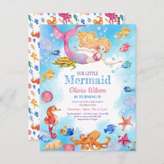 Kleine zeemeermin uitnodiging voor de verjaardag v (Voorkant / Achterkant)