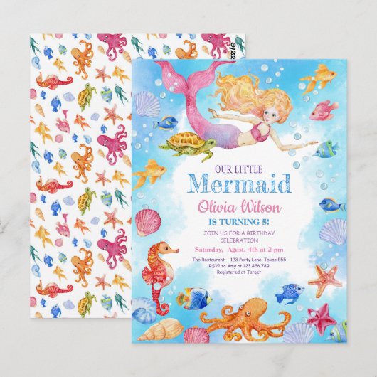 Kleine zeemeermin uitnodiging voor kinderverjaarda (Voorkant / Achterkant)