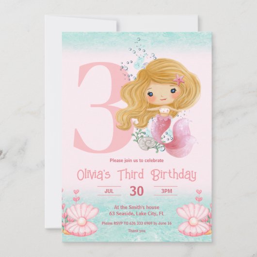 Kleine Zeemeermin Verjaardag Roze Uitnodiging (Voorkant)