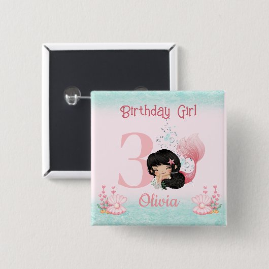 Kleine Zeemeermin Verjaardag Roze Vierkante Button 5,1 Cm (Voorkant /achterkant)